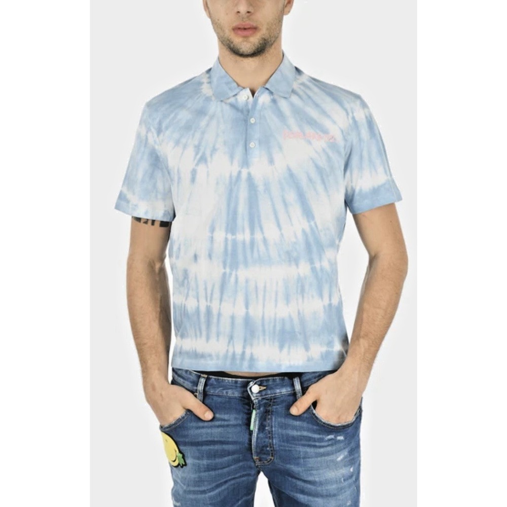 DSQUARED2 Men Size Small Tie‎ Dye Motif Waves Box Fit Polo Cropped Fit Sky Blue